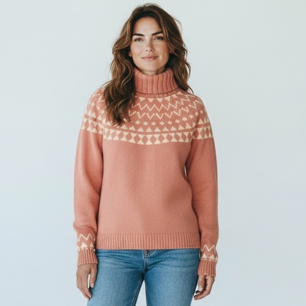 Duluth Trading Co Women's Pink Fair Isle Turtleneck Cotton Blend Sweater